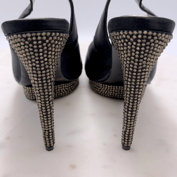 BCBG Max Azria Size 8.5 M Falcon Black Satin Rhinestones Heels Peep Toe Shoes - Picture 7 of 13